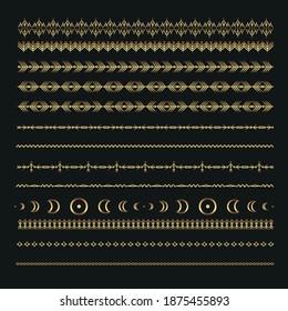 Gold Ethnic line ornaments. Tribal geometric design, aztec style, native americans texile. Vector elements for brushes, textures, patterns.