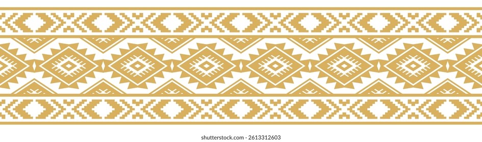 Gold ethnic ornament with geometric tribal border pattern.