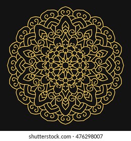 Gold ethnic pattern, vector round mandala on black background.