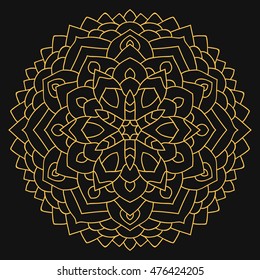 Gold ethnic pattern, vector round mandala on black background.