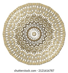 Gold ethnic round mandala pattern. Golden abstract floral ornament on white background. Geometric elegant fractal ornaments. Abstract shapes, circles, frame, border, greek key, meanders, zigzag lines.