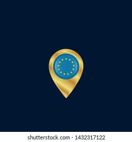 Gold EU flag icon Marker or map pointer. Golden European Union flag map pin
