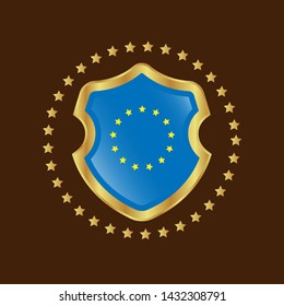 Gold EU member flag vector shield. EU protect shield