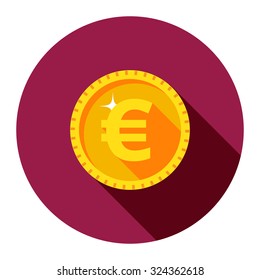 Gold euro coin in a circle. Vector illustration of cash euro coins in a flat style. One euro icon. Flat design symbol money.