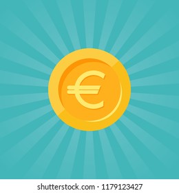 Gold euro coin with rays. Flat icon. Isolated on blue. Economy, finance, money pictogram. Wealth symbol.  Vector illustration.