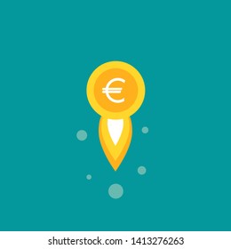 Gold euro coin as rocket flies up. Currency strengthening and increasing of exchange rate. Income growth. Financial success. Flat money icon. Isolated on white. 