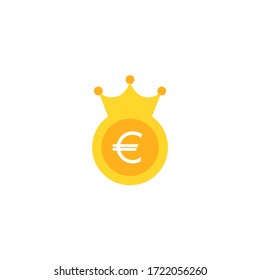 Gold euro coin with royal crown. Flat icon isolated on white background.  Economy, finance, money pictogram. Wealth symbol.  Vector illustration.  Currency value, king, business winner, best.