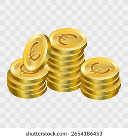 Ouro Euro vetor de pilha de moedas em fundo quadriculado. Pilha de riqueza isométrica para marcas de criptografia, aplicações de investimento e embalagem de produtos de luxo