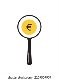 Gold euro coin symbol. Euro coin seen from magnifying glass. Magnifying glass icon. Currency of europe.