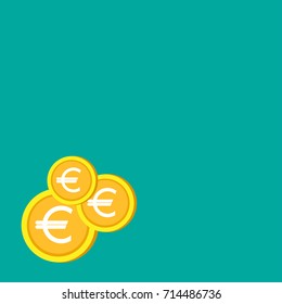 Gold euro coins on turquoise background. Flat Vector illustration. Economy, finance, money wallpaper. Income presentation. Business background with golden coins.