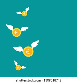 Gold euro coins with white wings. Flat  blue background. Flying money. Economy, finance, money pictogram. Wealth symbol.  Vector illustration. Free, easy.  Spend, expenses  