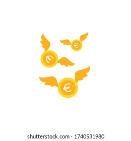 Gold euro coins with white wings. Flat icon. Isolated on white background. Flying money. Economy, finance, money pictogram. Wealth symbol.  Vector illustration. Free, easy.  Spend, expenses  