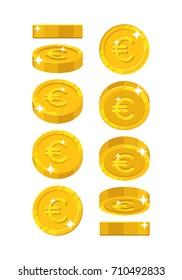 Gold euro views cartoon style isolated. The gold euro is at different angles around its axis for designers and illustrators. Rotation of a gold coin in the form of a vector illustration