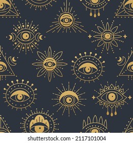 Diseño de patrones sin fisuras en el ojo del doodle Gold Evil. Antecedentes con el talismán de ojo de brujería dibujado a mano, religión mágica símbolos sagrados en un estilo lineal mínimo de tendencia. Para impresiones de camisetas, tarjetas, cubiertas