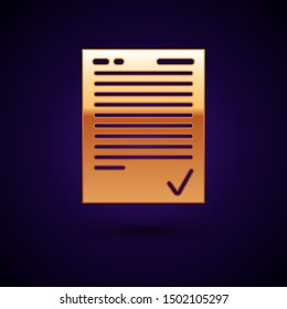 Gold Exam sheet with check mark icon isolated on dark blue background. Test paper, exam, or survey concept. School test or exam.  Vector Illustration