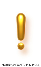 Gold exclamation icon. Golden alert mark in yellow balloon metal font. Caution symbol. Important information notice. Danger signal. 3d realistic vector illustration.