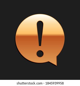 Gold Exclamation mark in circle icon isolated on black background. Hazard warning symbol. FAQ sign. Copy files, chat speech bubble. Long shadow style. Vector.