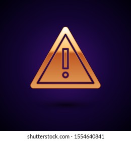 Gold Exclamation mark in triangle icon isolated on dark blue background. Hazard warning sign, careful, attention, danger warning important sign.  Vector Illustration