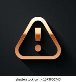 Gold Exclamation mark in triangle icon isolated on black background. Hazard warning sign, careful, attention, danger warning important. Long shadow style. Vector Illustration