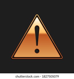 Gold Exclamation mark in triangle icon isolated on black background. Hazard warning sign, careful, attention, danger warning important sign. Long shadow style. Vector.