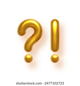 Gold exclamation and question marks set. Golden alert and ask icons in balloon metal font. Caution, FAQ, danger symbols. Important information notice. 3d realistic vector illustration.