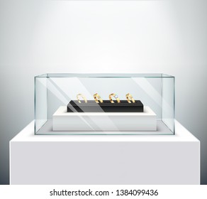 Gold exclusive diamond engagement wedding rings display in luxury jewelry shop spectaculair glass showcase realistic vector illustration