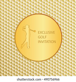 Gold Exclusive Golf tournament invitation graphic design. Golfer swinging on golf ball pattern texture.