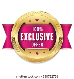 Gold exclusive offer badge with purple ribbon