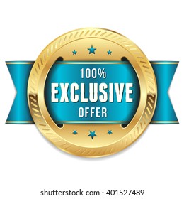 Gold exclusive offer rosette, badge with blue ribbon on white background