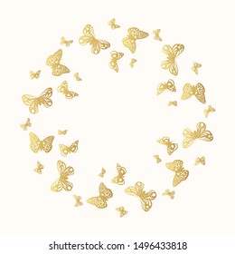 Gold exotic butterflies frame. Vector isolated illustration of gorgeous butterfly golden wreath wedding decoration. 