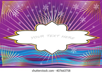 Gold exotic frame vector on decorated sea wave and sunburst purple sky background with golden corners decoration and snowflakes. Luxury horizontal card with golden border for festive event message.