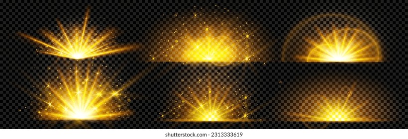 Gold explode glow shine and sun light ray burst vector effect set isolated on transparent background. Magic yellow flare sparkle energy explosion and golden glitter. Sunlight beam and starlight powder