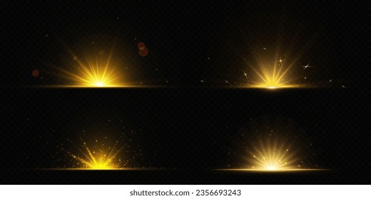 Gold explode shine light of sun ray effect vector. Magic golden star burst with glitter and glare, Isolated galaxy starlight graphic icon decoration. Abstract sparkler flash beam for party celebration