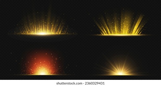 Gold explode sun light ray glow vector effect. Star burst flare with sparkle and glitter set. Abstract bright energy explosion on black background. Realistic starlight design with golden neon halo