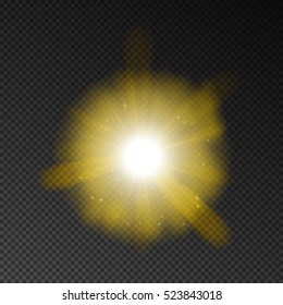 Gold explode vector, sparkle effect. Glowing transparent light glitter isolated on dark background.