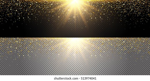 Gold explosion flying glitter in different directions, gold dust. Glitter Christmas cap design. Greeting card with gold shiny finish. Vector illustration