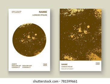 Gold explosion paint splatter artistic cover frame design. Decorative xmas splash spray texture white golden background. Trendy template vector Cover Report Catalog Brochure Flyer Poster Banner