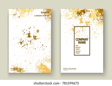 Gold explosion paint splatter artistic cover frame design. Decorative xmas splash spray texture white golden background. Trendy template vector Cover Report Catalog Brochure Flyer Poster Banner