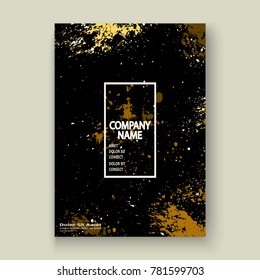Gold explosion paint splatter artistic cover frame design. Decorative xmas splash spray texture black golden background. Trendy template vector Cover Report Catalog Brochure Flyer Poster Banner
