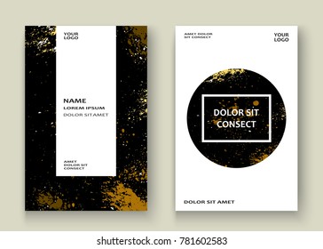 Gold explosion paint splatter artistic cover frame design. Decorative xmas splash spray texture black golden background. Trendy template vector Cover Report Catalog Brochure Flyer Poster Banner