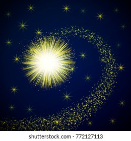 Gold explosion in space with sparkling particles. Magic background vector illustration.