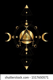 Gold Eye of Providence. Masonic symbol. All seeing eye inside triple moon pagan Wicca moon goddess symbol. Vector illustration Tattoo, astrology, alchemy, boho and magic symbol. Circle of a moon phase