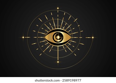 Gold Eye of Providence, Sacred Spiral, Masonic symbol. All seeing eye, Mystical logo icon in boho style, golden luxury design alchemy element, vector illustration isolated on black background