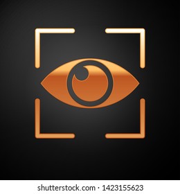 Gold Eye scan icon isolated on black background. Scanning eye. Security check symbol. Cyber eye sign. Vector Illustration