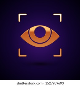 Gold Eye scan icon isolated on dark blue background. Scanning eye. Security check symbol. Cyber eye sign.  Vector Illustration