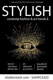 Gold Eye in the sun. Divine symbol. Modern trendy style vector illustration. Fashion magazine cover design
