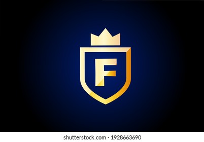 gold F alphabet letter logo icon. Design for company and business identity with shield and king crown