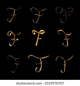 Gold F Letter Initial Cursive Hand Written Calligraphic Alphabet Set for Logo Brand