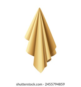 Gold fabric of 3D realistic silk curtain or cover hanging with satin folds vector illustration