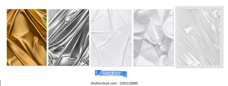 Gold fabric, silver foil, white paper, transparent plastic film. 3d realistic textures, vector set - Shutterstock ID 1505110085